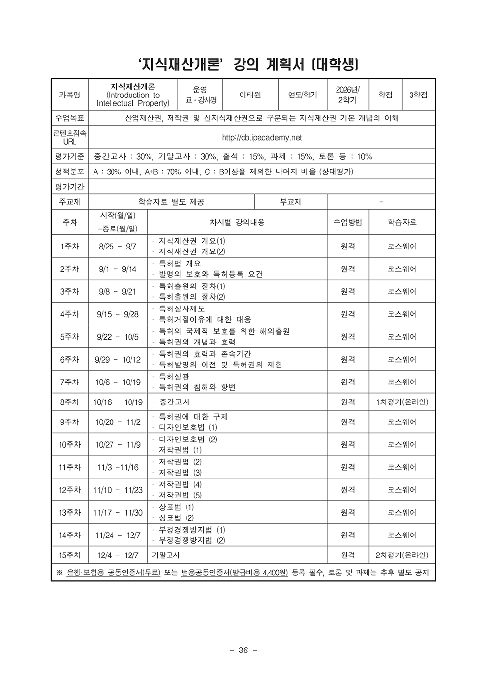 2학기 지식재산개론 강의계획서