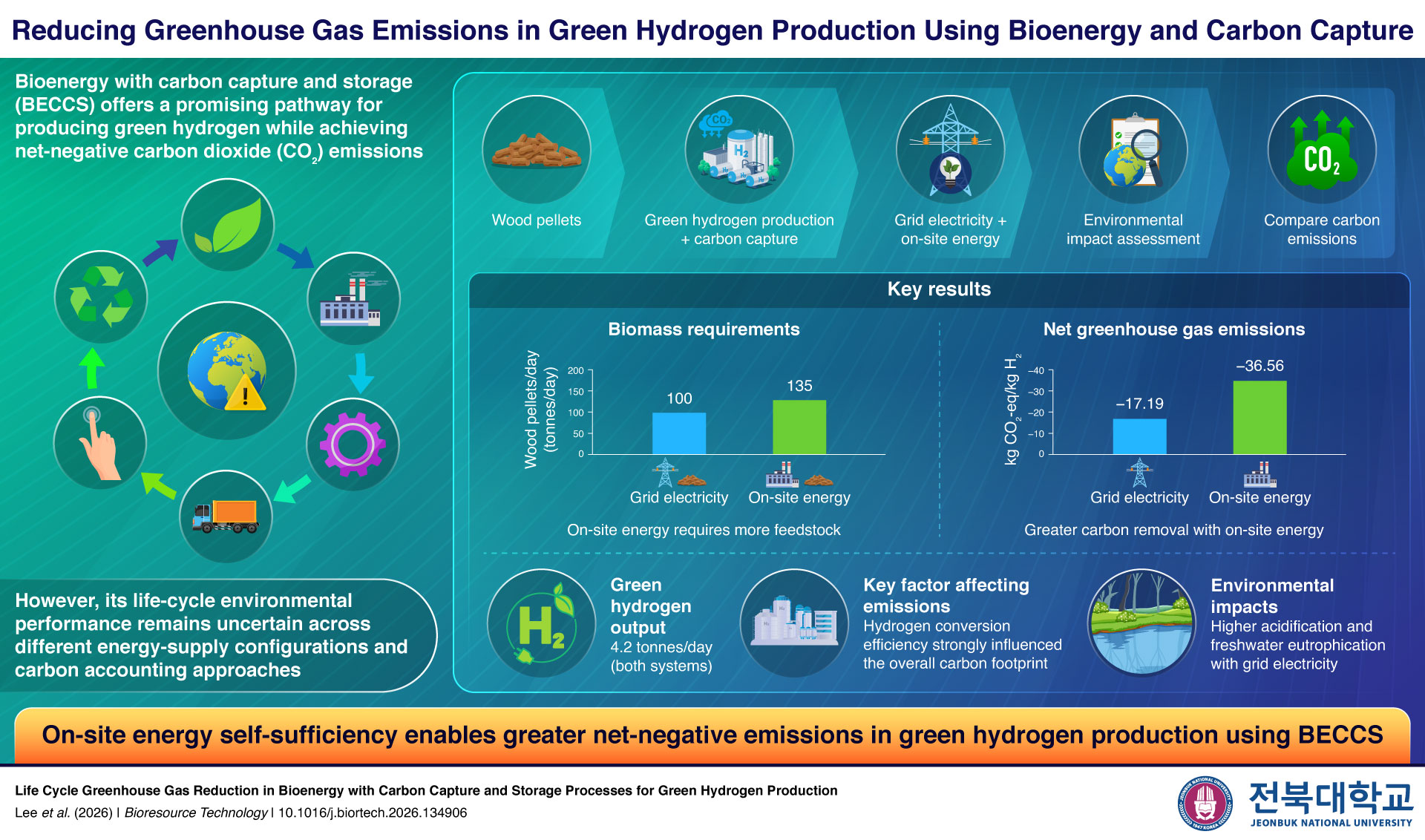 The infographic illustrates how bioenergy and carbon capture can support cleaner hydrogen production. On-site electricity generation and sustainable biomass sourcing offer a promising pathway toward carbon-negative hydrogen.